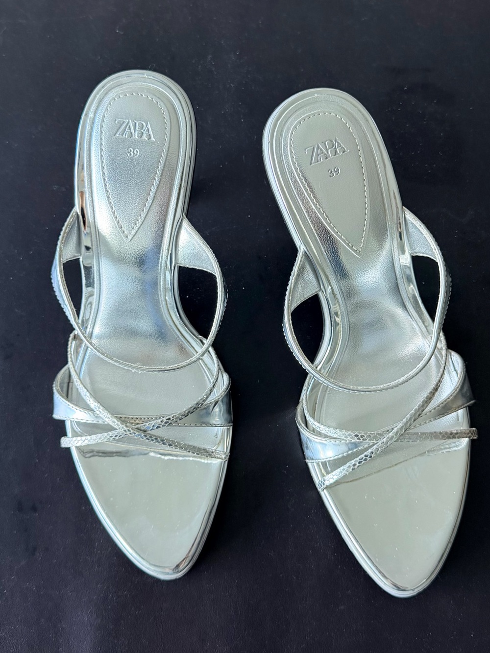 Zara Metallic Silver Strappy Pointed-Heel Sandals